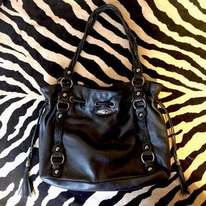 Elliott Lucca Black Pebbled Leather Satchel w/ Hardware & Braided Handles